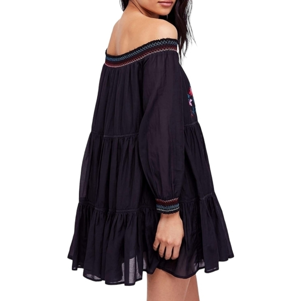 Free People Sunbeams Floral Embroidered Black Off The Shoulder Mini Dress - Picture 4 of 10